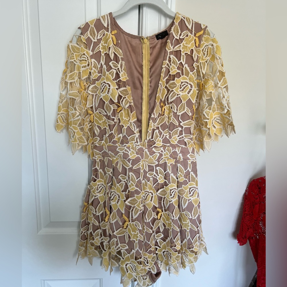NBD Mila Beige and Yellow Lace Romper